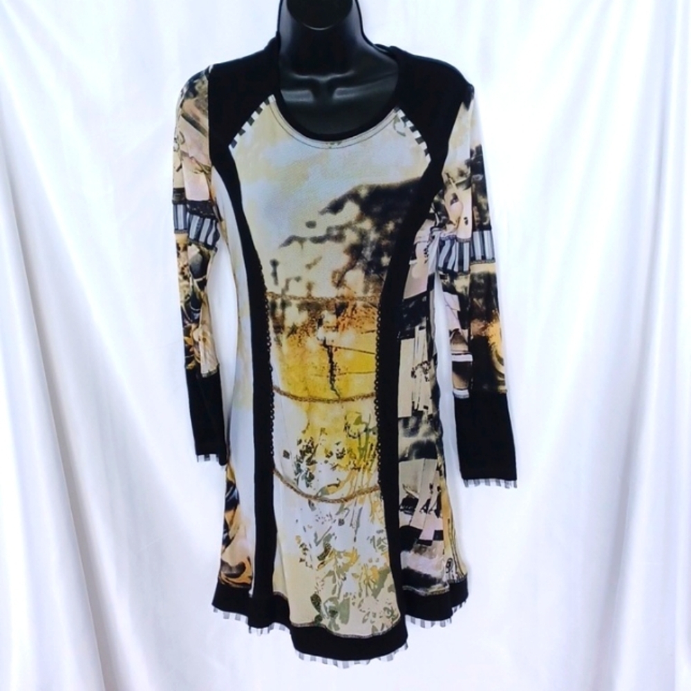 Cocomenthe. French Designer. Metal thread Lace Trimmed  Dress.  Size 2, lined